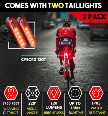 Load image into Gallery viewer, USB-C Rechargeable Bike Tail Light 2 Pack, Cyborg 120T Bright Red LED Bicycle Rear Light, Waterproof Helmet Lights, Cycling Flashlight Safety Reflectors Accessories, Fits Adult, Kids MTB