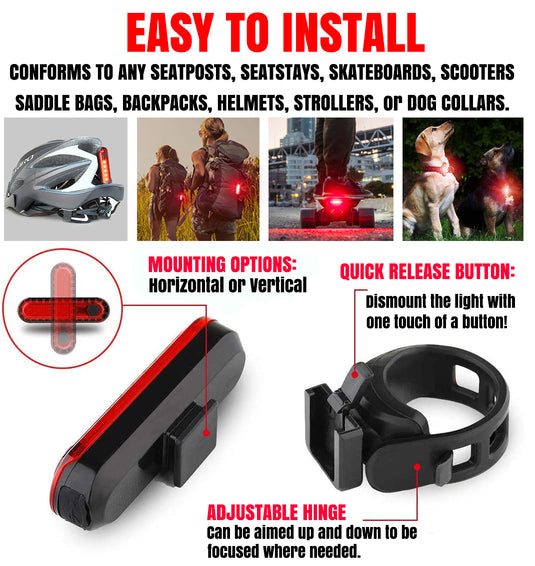 USB-C Rechargeable Bike Tail Light 2 Pack, Cyborg 120T Bright Red LED Bicycle Rear Light, Waterproof Helmet Lights, Cycling Flashlight Safety Reflectors Accessories, Fits Adult, Kids MTB