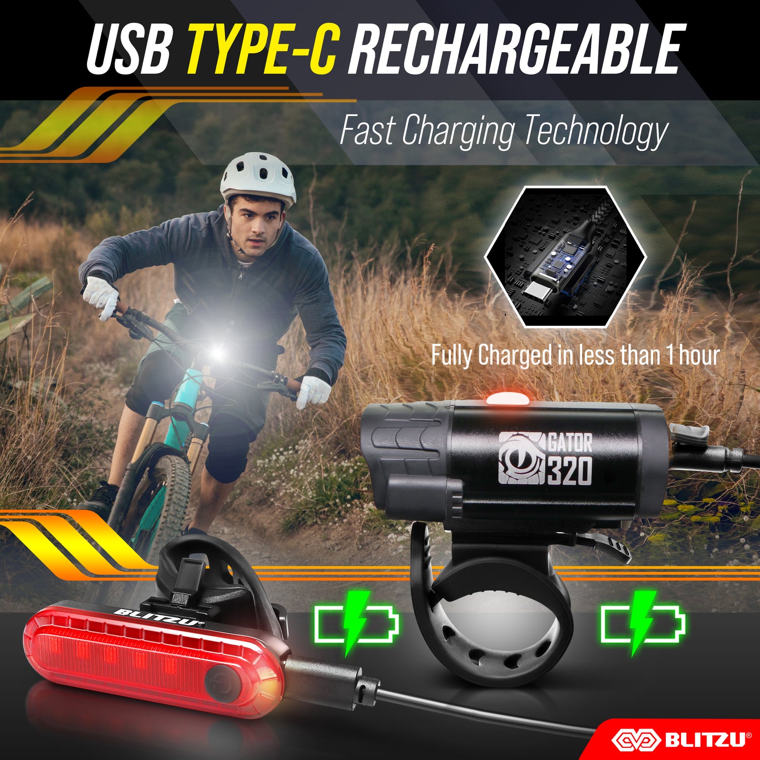 BLITZU Gator 320 Bike Light Set with Bicycle Bell & LED Taillight